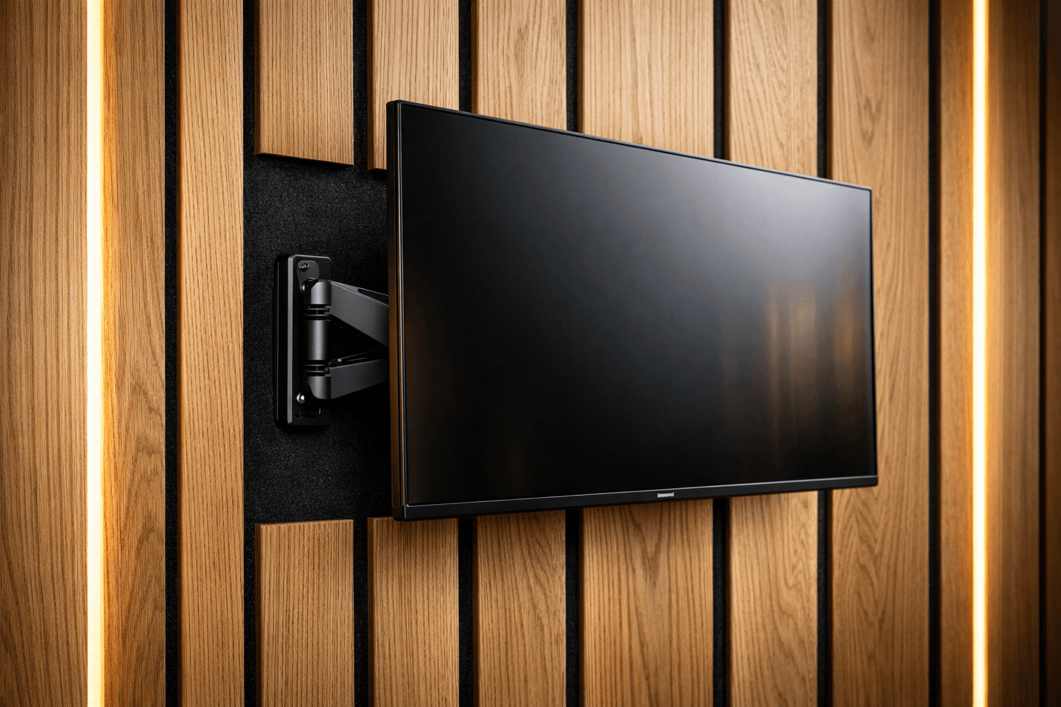 Hochwertige Akustik-Paneele aus Holzlamellen an einer Home-Office-Wand zur Schalloptimierung.