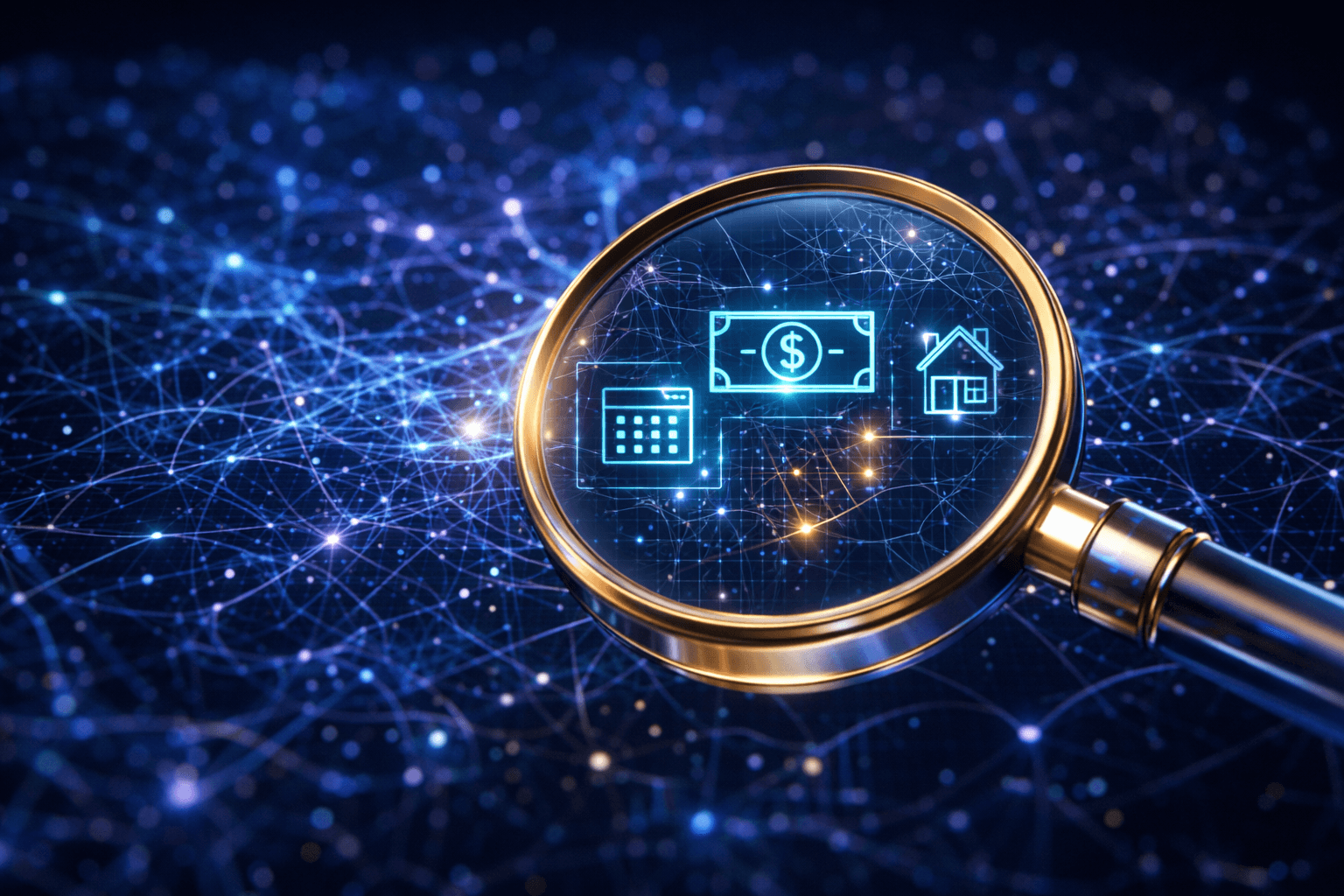 Eine Lupe schwebt über einem komplexen, leuchtenden digitalen Schaltkreis. Durch die Lupe werden abstrakte Datenströme in klare, lesbare Symbole und Worte übersetzt.