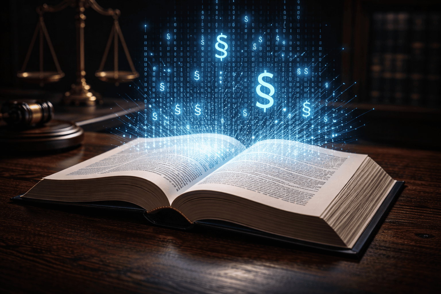 Ein schweres, antikes Gesetzbuch liegt aufgeschlagen auf einem dunklen Holztisch, aus den Papierseiten steigen leuchtende, holografische Datenströme und Paragrafenzeichen auf.