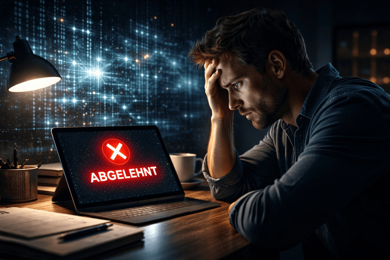 Ein frustrierter Mann starrt auf einen Tablet-Bildschirm mit einer roten Ablehnungsmeldung, während im Hintergrund eine abstrakte KI-Struktur aus vernetzten Lichtpunkten zu sehen ist.