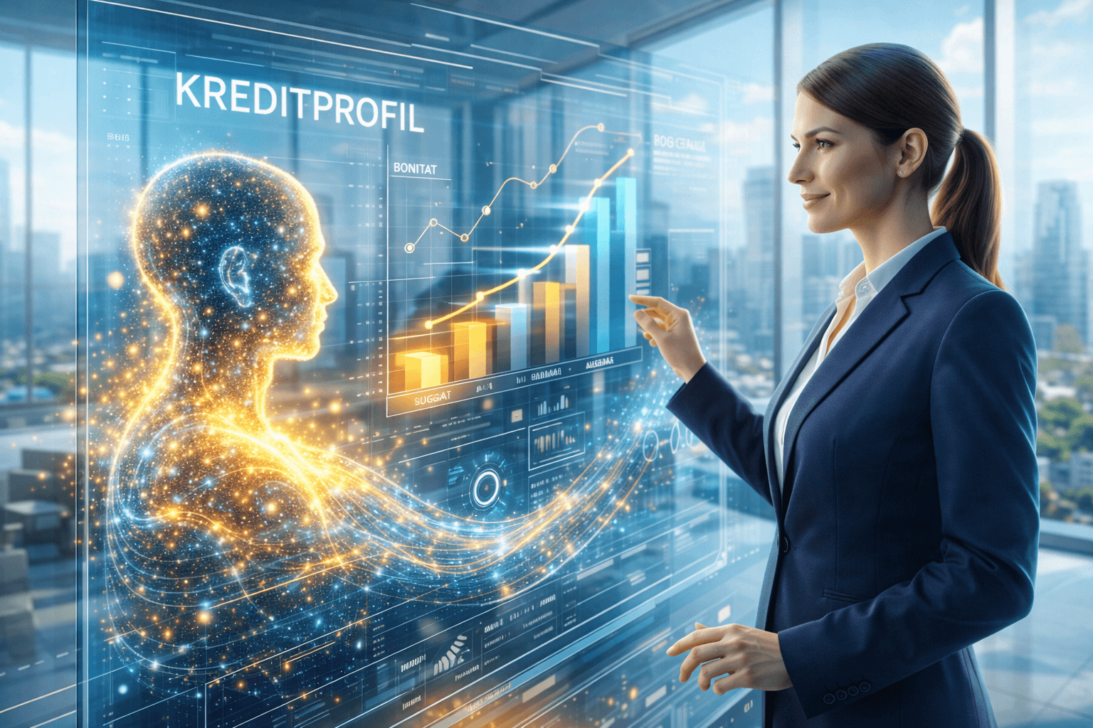 Eine fokussierte Bankberaterin und ein leuchtender, holografischer KI-Datenstrom betrachten gemeinsam ein interaktives, dreidimensionales Risikomodell auf einem transparenten Bildschirm.