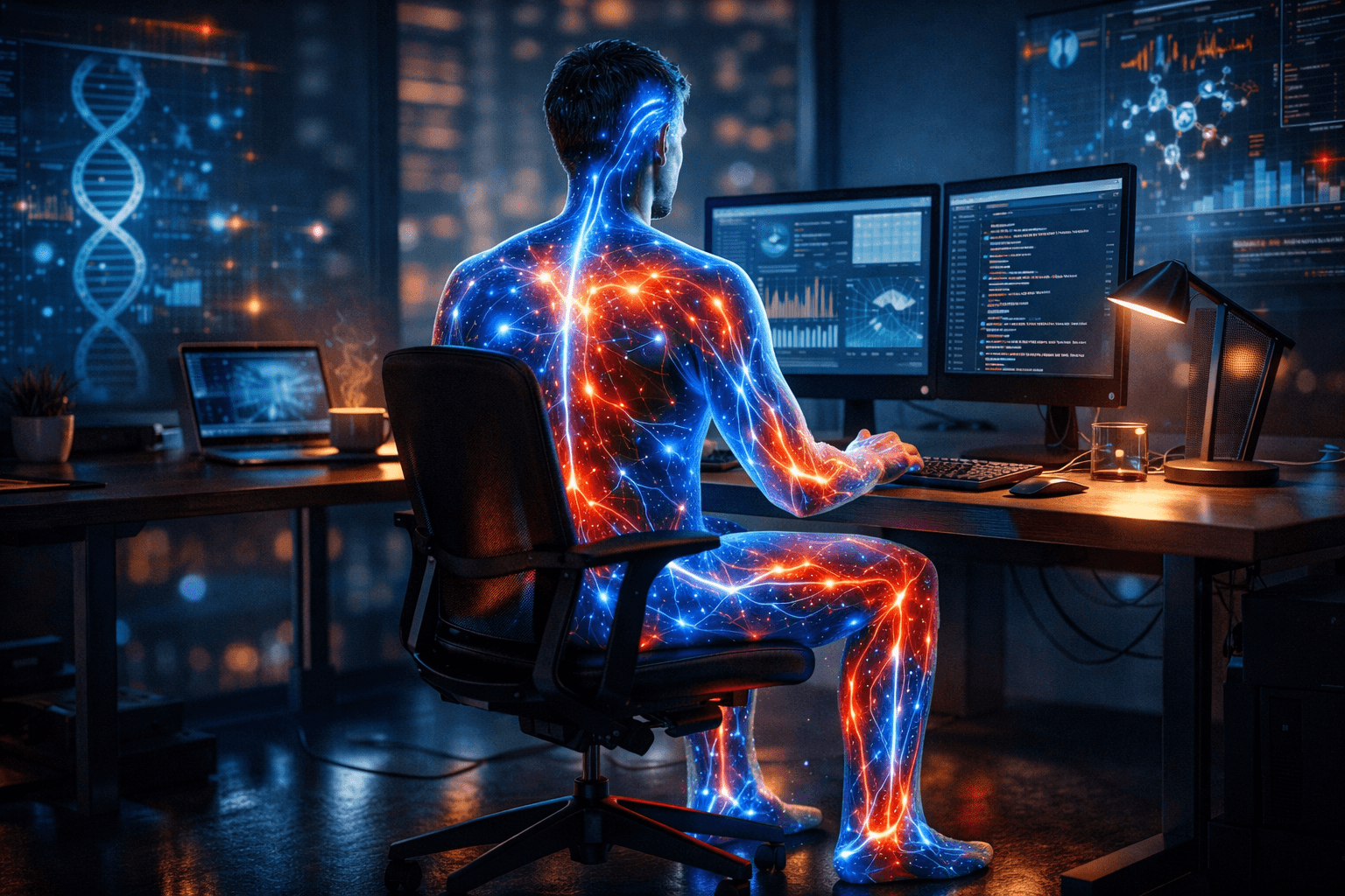 Visualisierung der biologischen Prozesse im Körper während des Sitzens am PC im Jahr 2026.