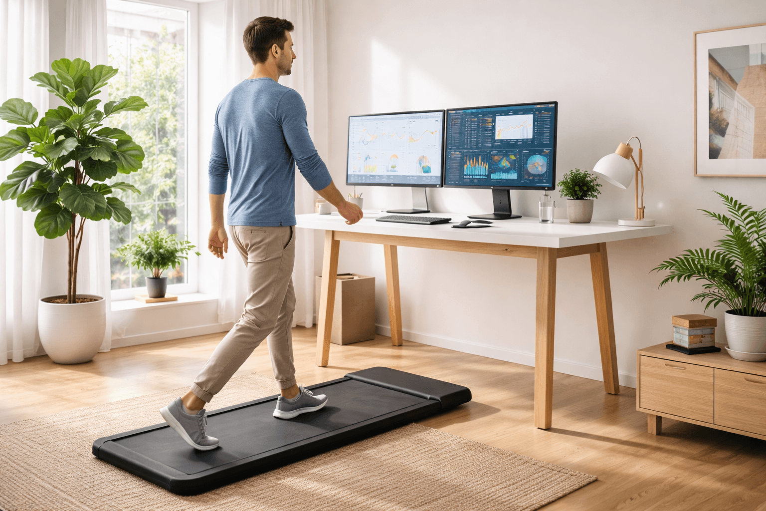 Eine Person nutzt ein Walking Pad am höhenverstellbaren Schreibtisch für mehr Bewegung während der Arbeit.