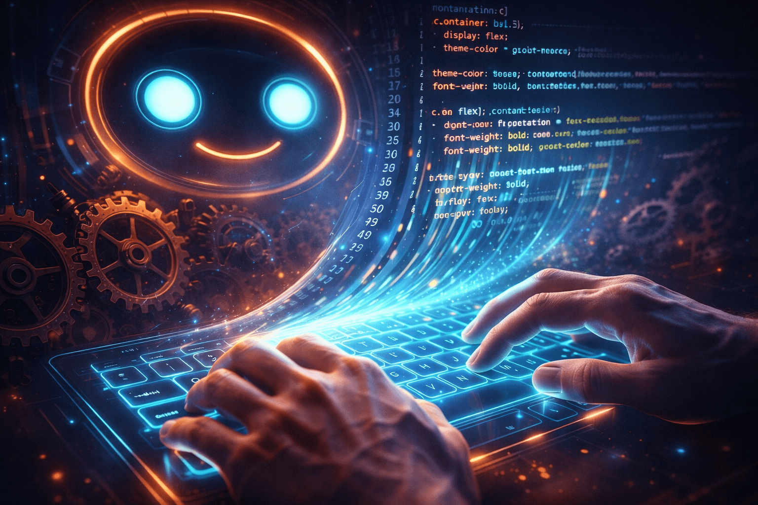 Symbiose aus Mensch und KI bei der Erstellung von Standard-konformem Code. Ein Entwickler arbeitet mit einer KI zusammen, die sauberen, nativen CSS-Code generiert und alte mechanische Strukturen ersetzt.