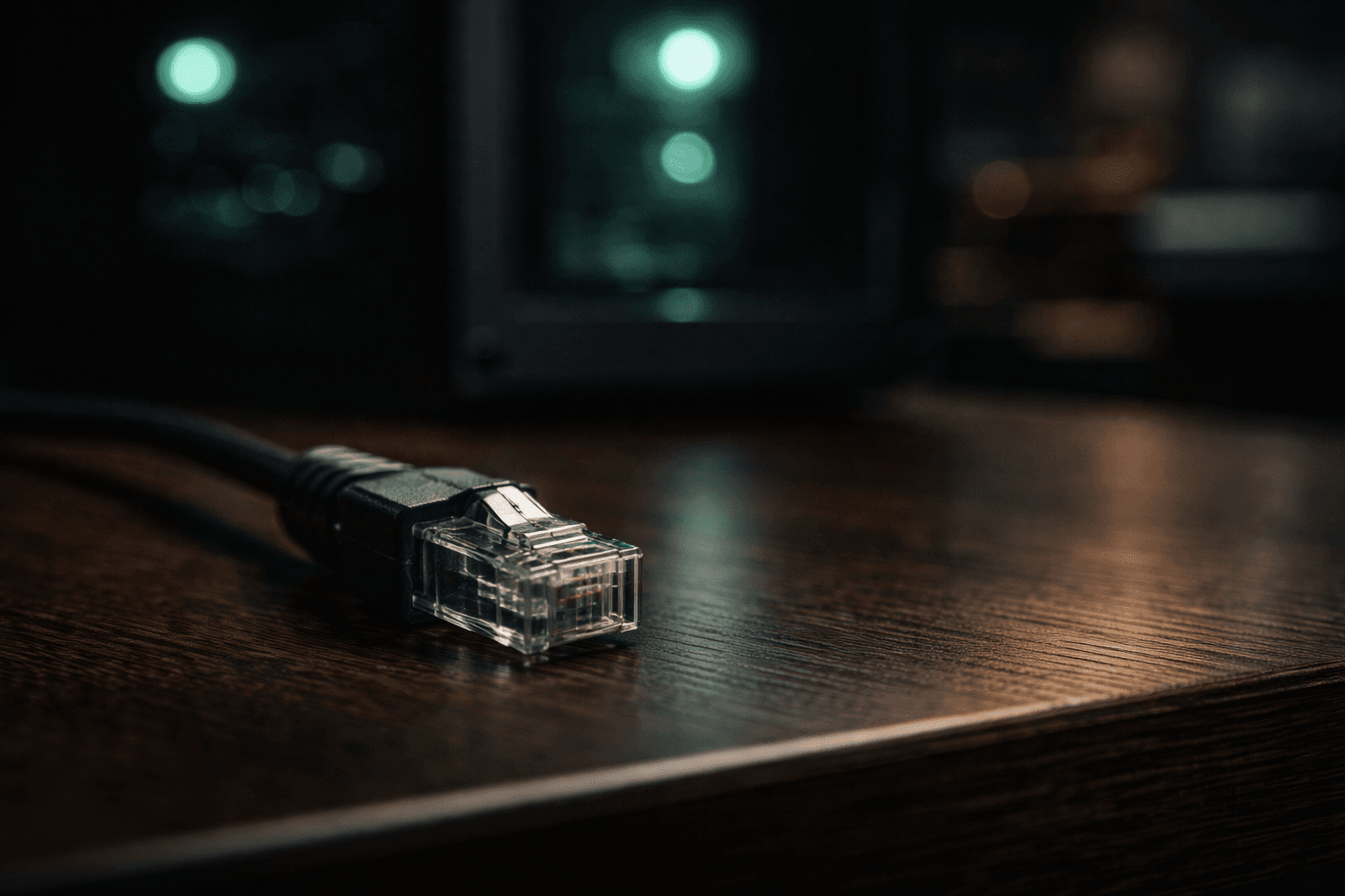 Das Air-Gap-Protokoll: Hundertprozentige Datensouveränität durch physische Trennung. Ein abgezogenes RJ45-Netzwerkkabel ruht auf einem Holztisch direkt neben der leuchtenden Workstation, als Symbol für die Offline-Trennung.