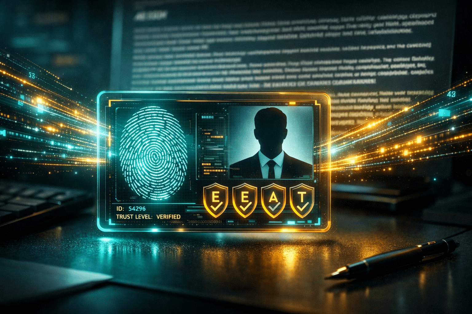 E-E-A-T in Aktion: Der kryptografische Fingerabdruck des Autors Eine holografische ID-Karte mit Fingerabdruck und E-E-A-T-Verifizierung, die den digitalen Vertrauensbeweis eines Autors symbolisiert.