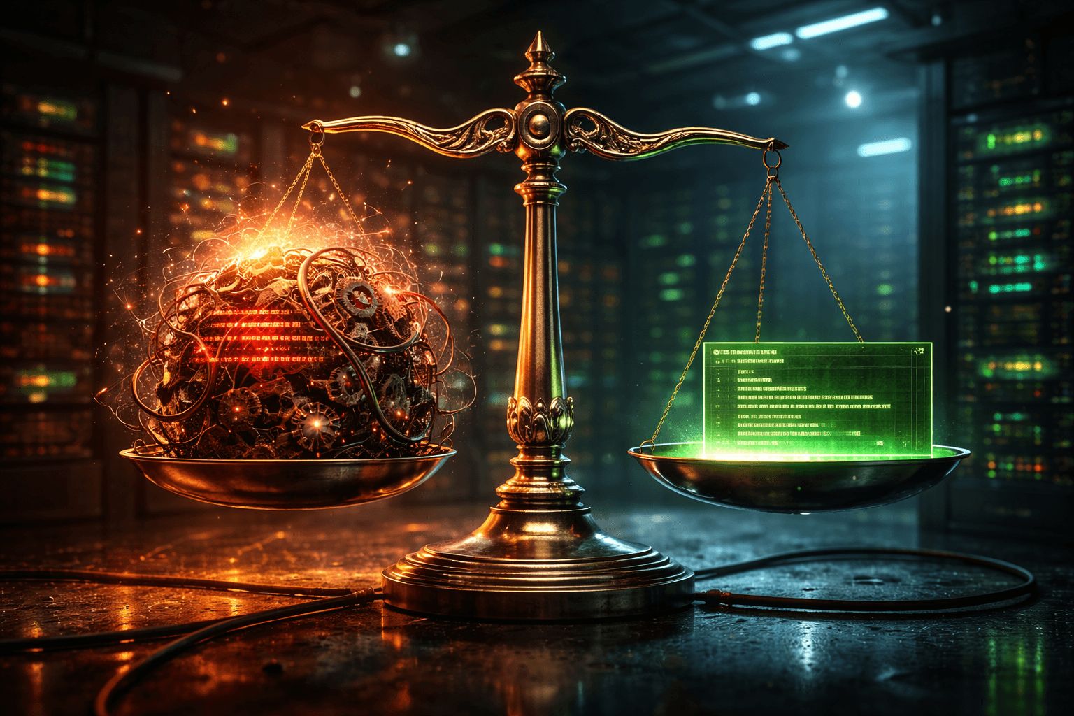 Code-Diät: Weniger ist mehr beim Green Coding Eine metaphorische Waage, auf der eine einzelne, leuchtende Codezeile ein riesiges, verworrenes Knäuel aus überflüssigem, schwerem Code aufwiegt.