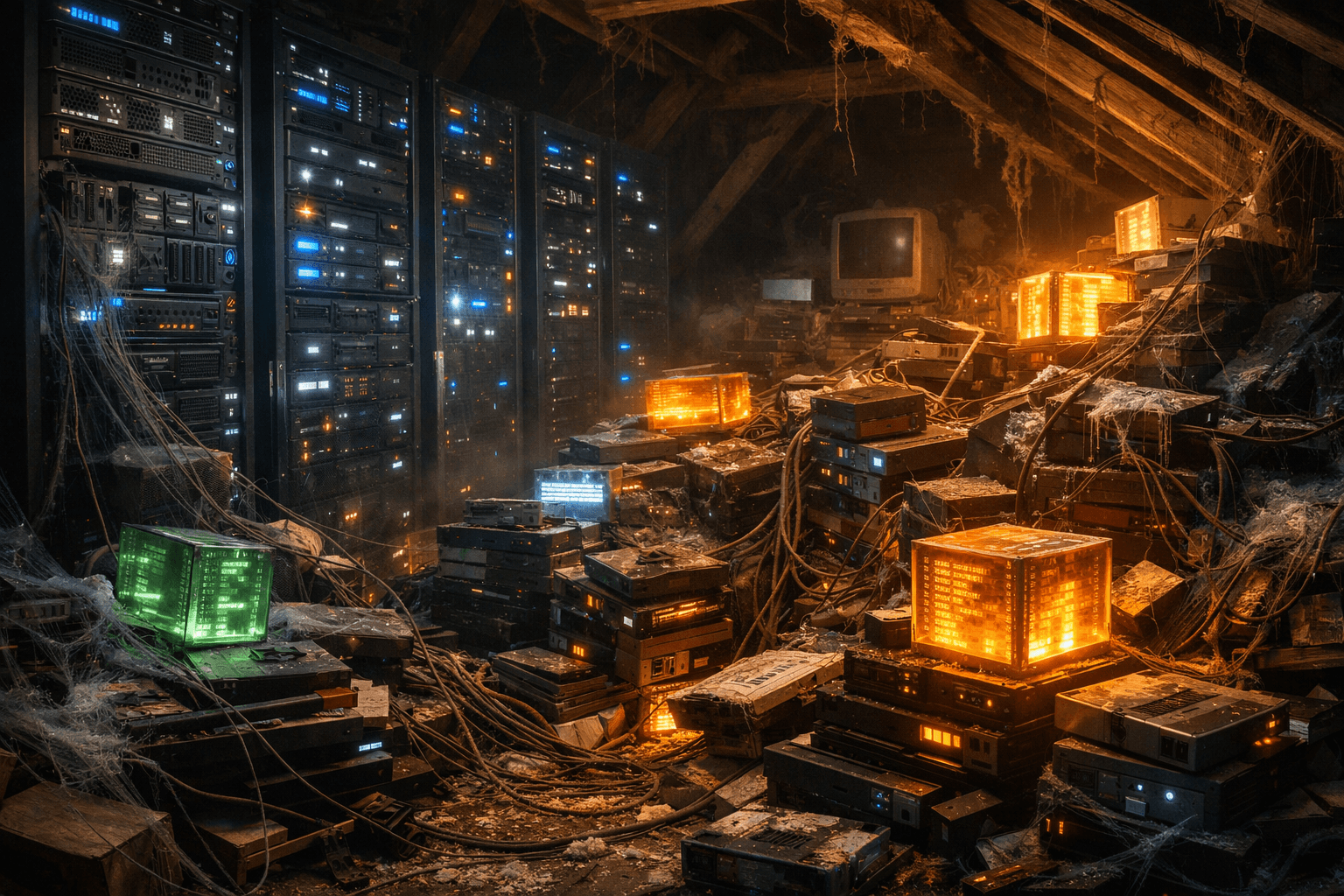 Dark Data: Die ökologischen Kosten unseres digitalen Sammelwahns Ein düsterer, riesiger Serverraum, der aussieht wie ein unordentlicher Dachboden. Er ist überfüllt mit leuchtenden, aber verstaubten Datenkristallen und alten Festplatten.