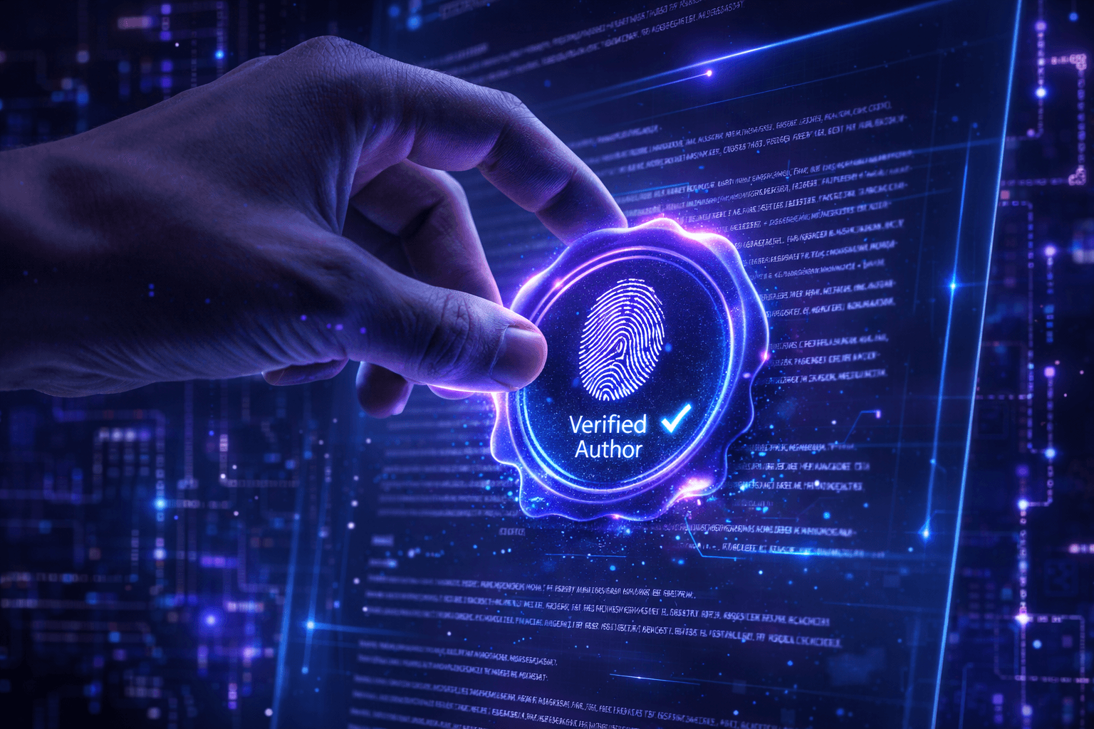 Identitätsschutz 2026: Warum Ihr Name Ihr wichtigstes Asset ist. Darstellung digitaler Autorenschaftsverifizierung durch kryptografische Siegel und Identitätsnachweise.