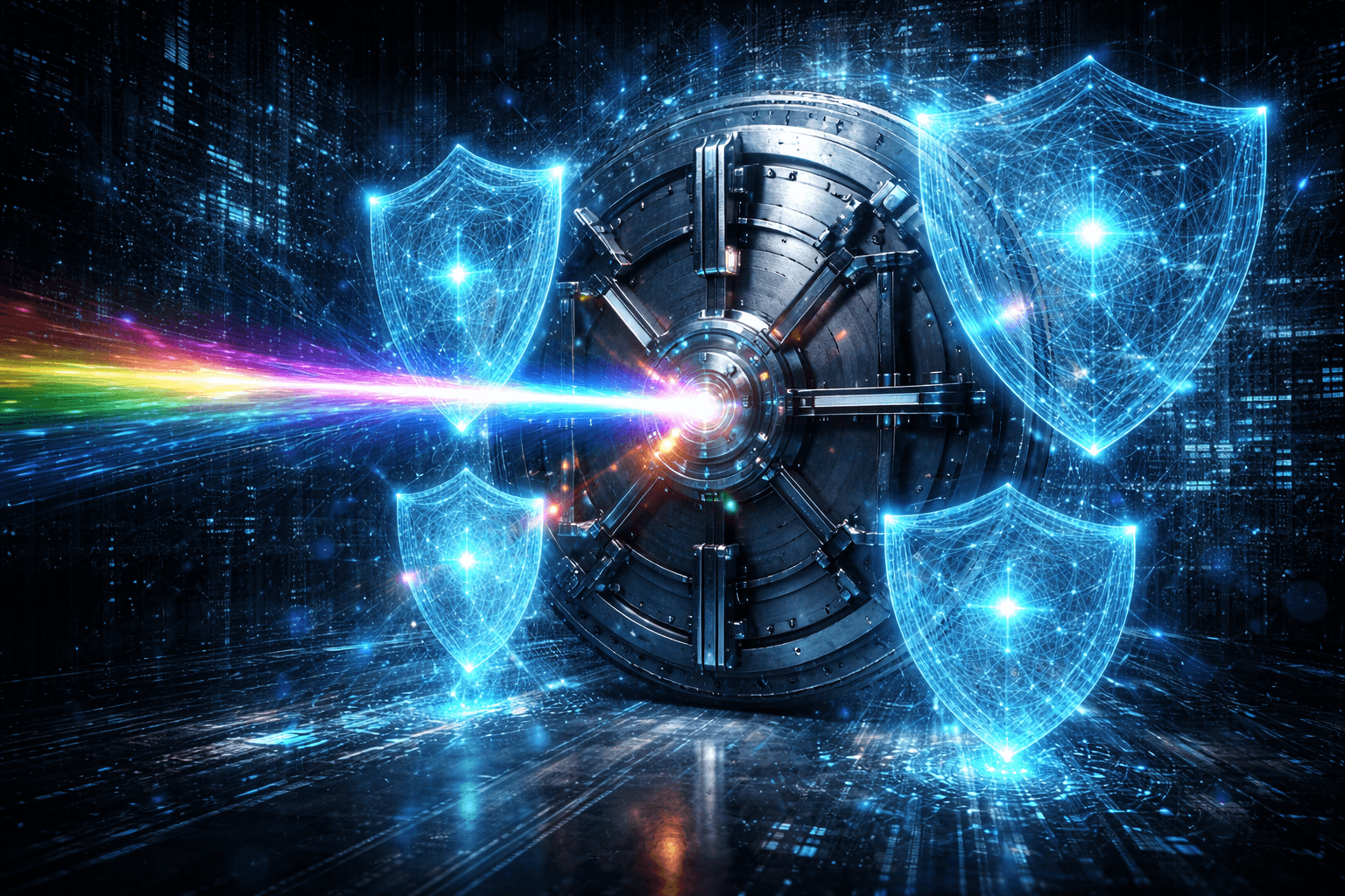 Post-Quanten-Kryptographie: Der Schlüssel zur Sicherheit. Ein massiver, digitaler Tresor im Zentrum, der von einem komplexen, strahlenden Lichtschlüssel (Quantenschlüssel) berührt wird. Fraktale Muster schützen den Tresor.