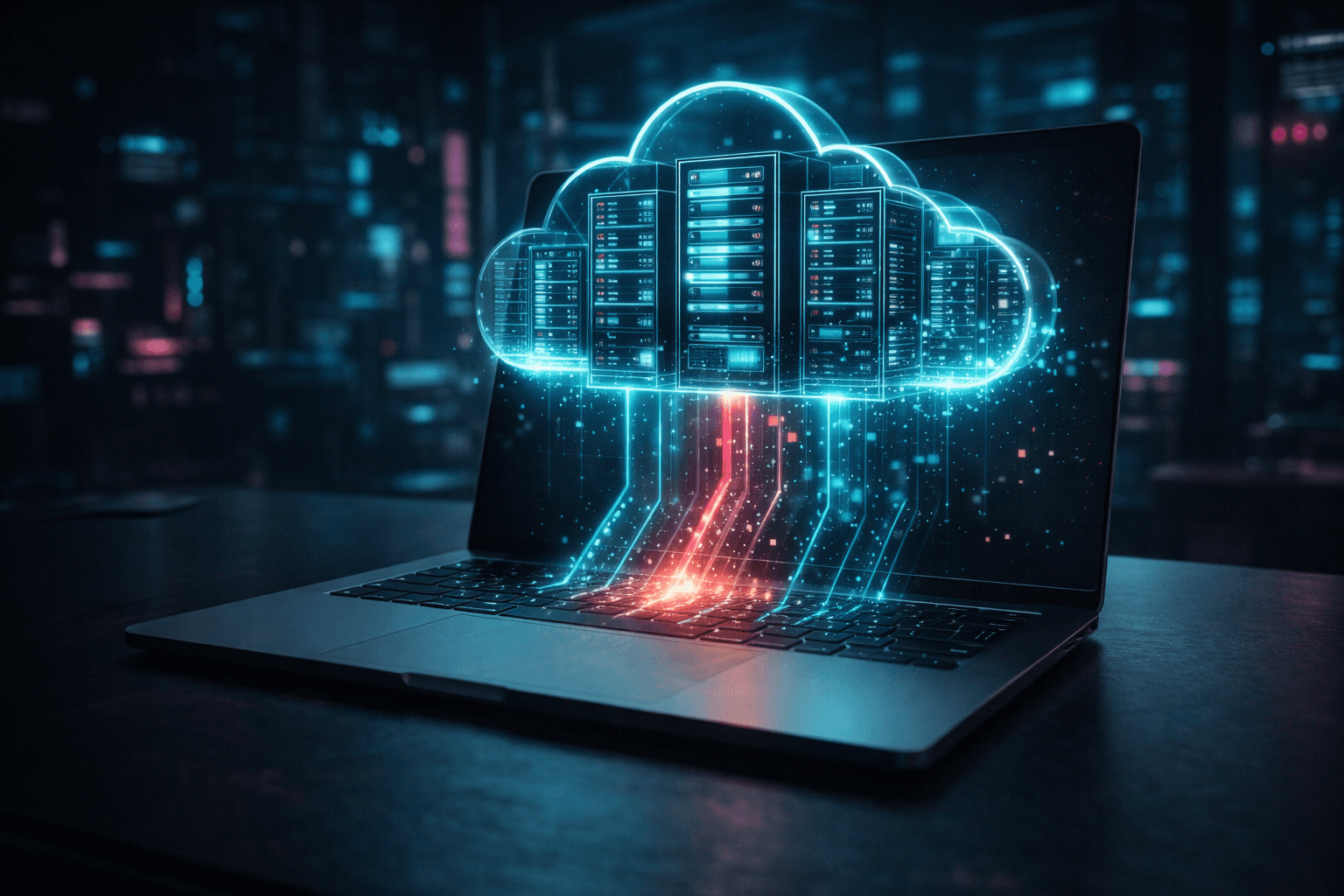 Das Ende von Localhost: Die Cloud als neuer Schreibtisch Ein schlanker Laptop, aus dem holografische Cloud-Server aufsteigen, symbolisiert den Wechsel von lokaler Entwicklung hin zu Cloud-Umgebungen.