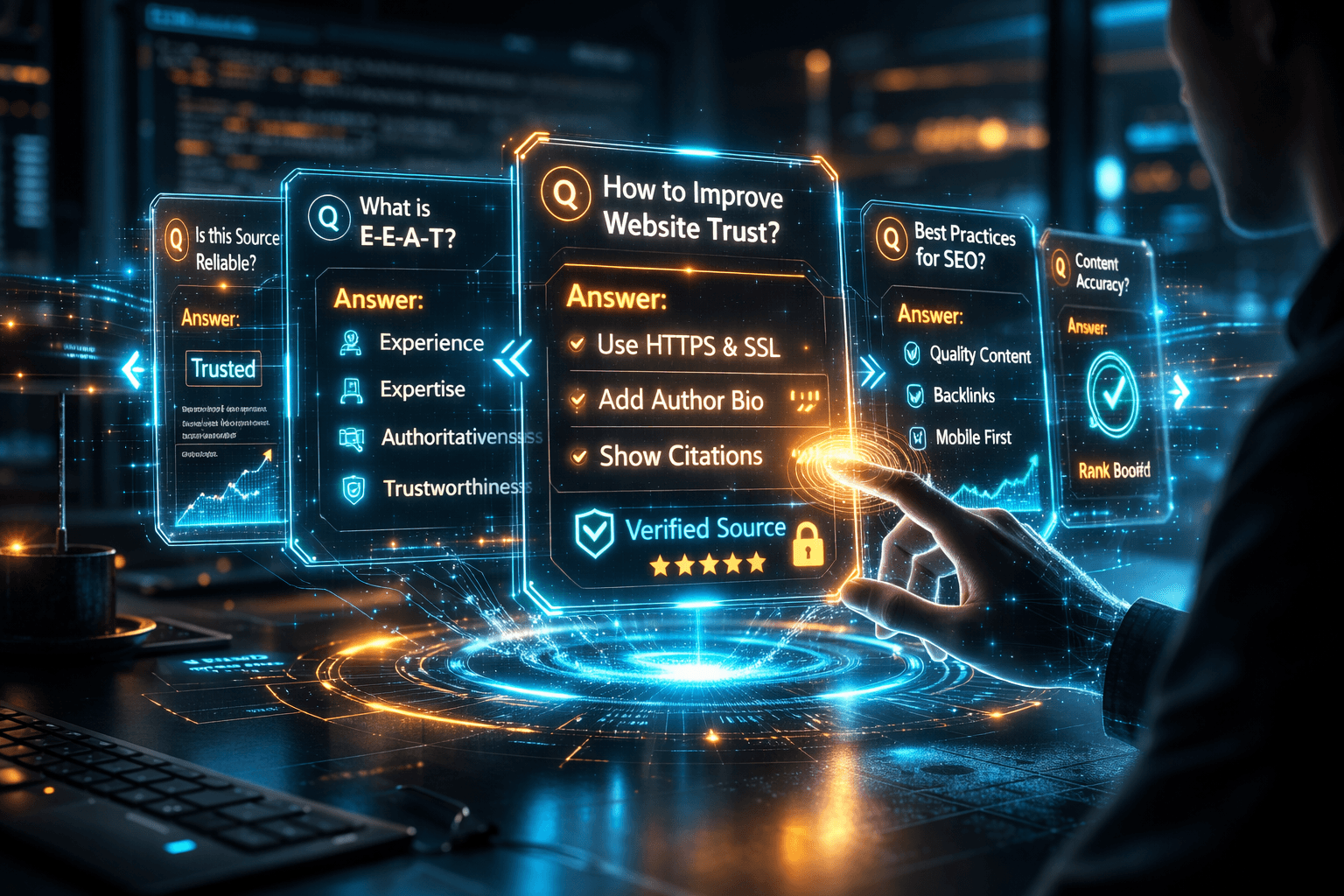 Zero-Click Dominanz: Interaktive FAQs und Carousels Eine holografische Darstellung von Frage-Antwort-Karten, die in einem Karussell schweben und die direkte Interaktion in den Suchergebnissen symbolisieren.