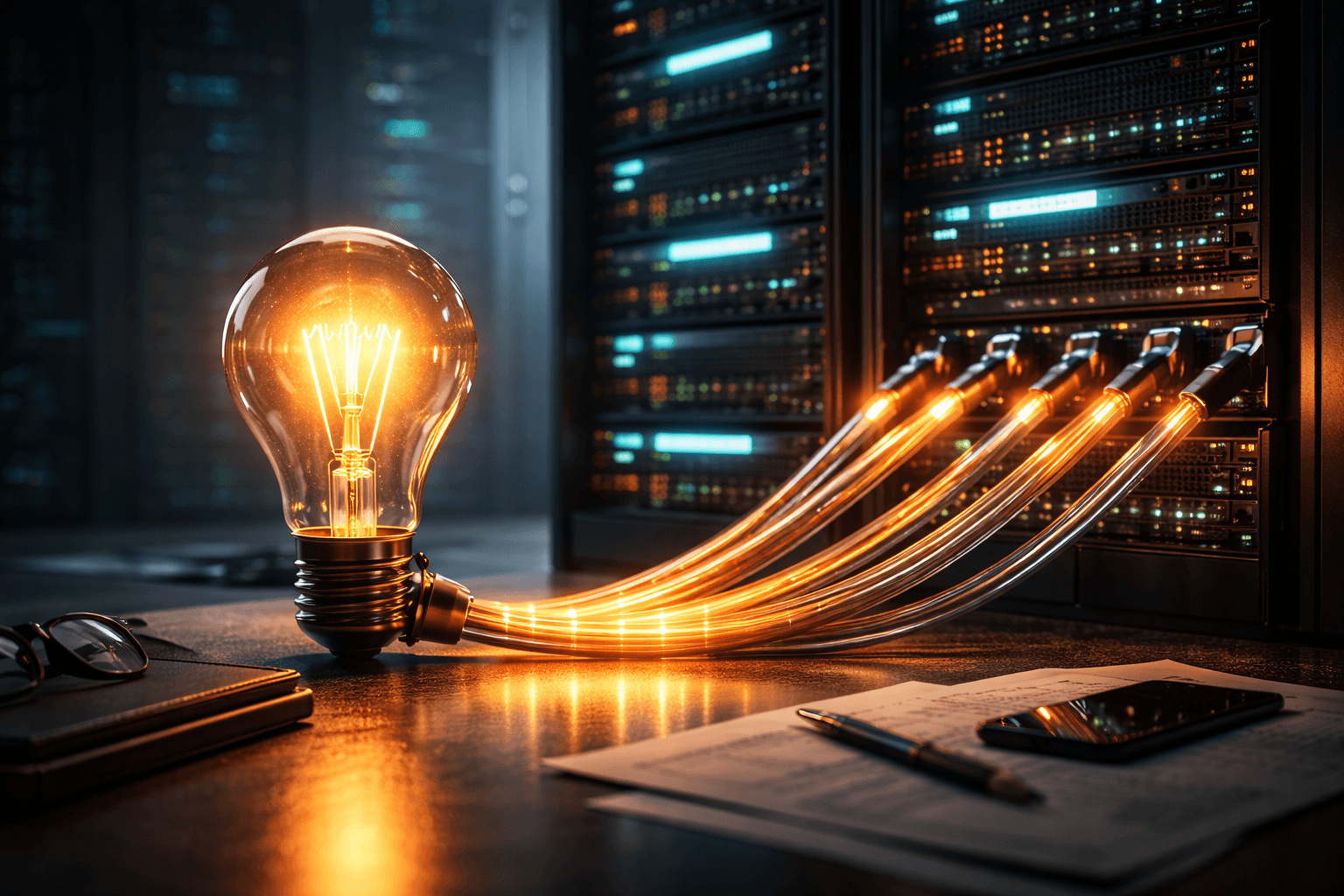 Der unsichtbare Stromverbrauch: Wie Website-Klicks Energie fordern Eine leuchtende Vintage-Glühbirne, die über dicke Netzwerkkabel direkt mit einem blinkenden, modernen Server-Rack verbunden ist, um den Stromverbrauch von Software zu visualisieren.