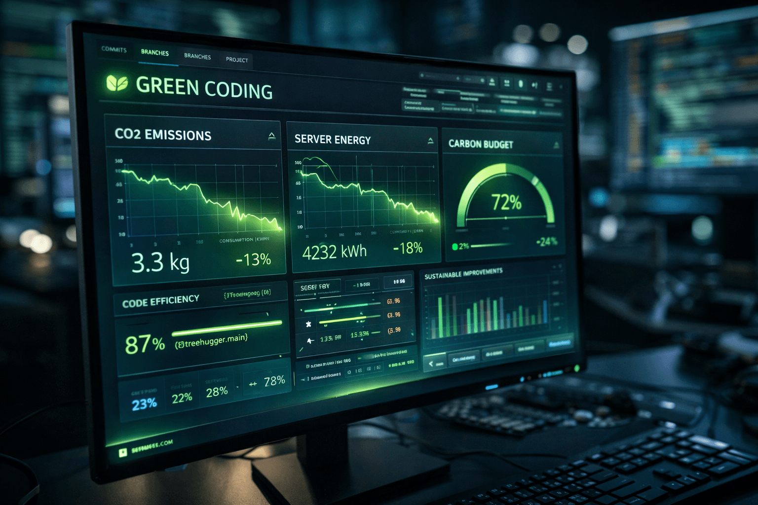 Messbarkeit ist der Schlüssel: Dashboards für nachhaltige Softwareentwicklung Ein futuristisches Entwickler-Dashboard auf einem dunklen Bildschirm, das leuchtend grüne Diagramme zeigt, welche den sinkenden CO2-Fußabdruck und den Energieverbrauch von Servern überwachen.