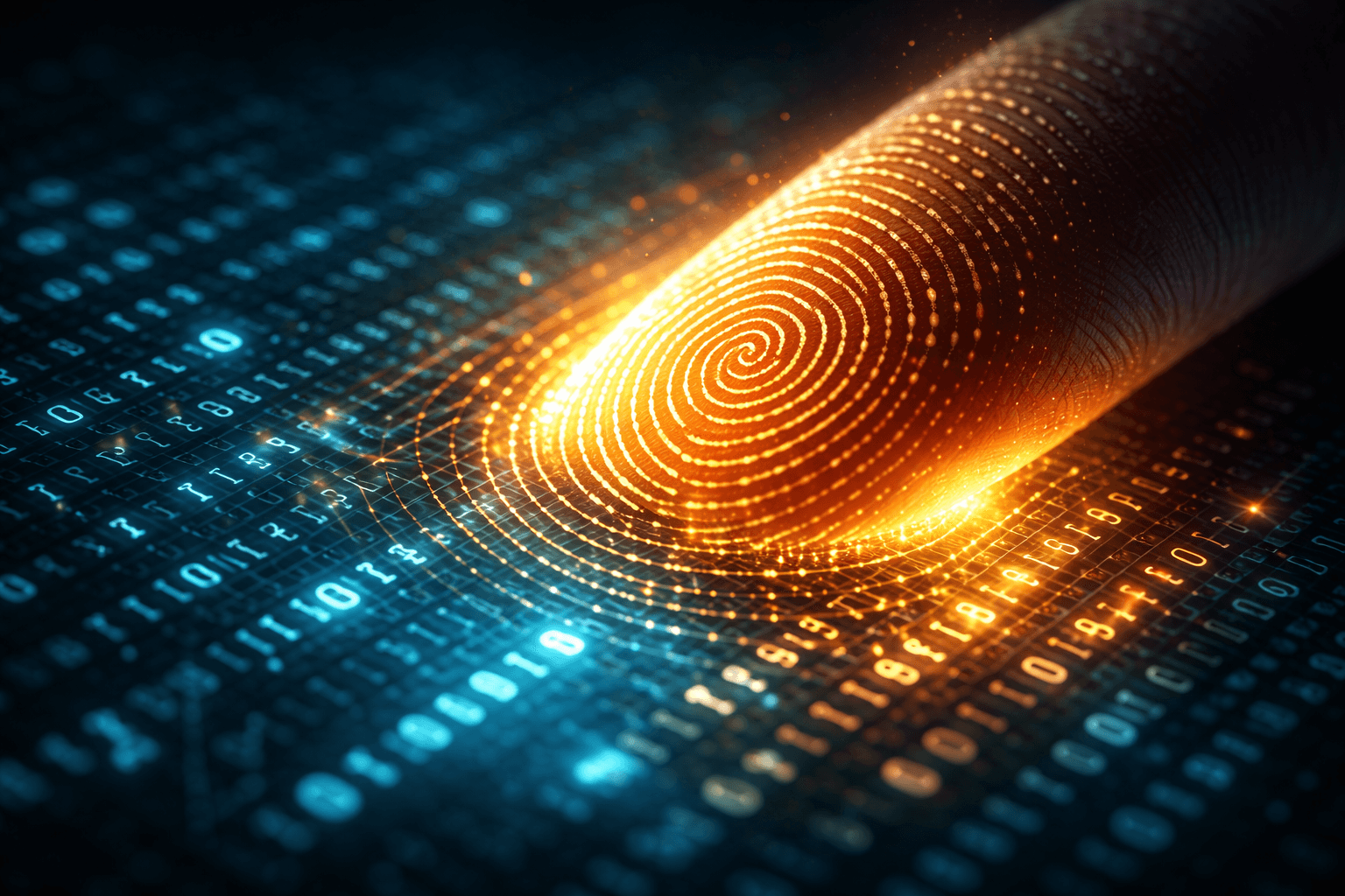 Der Unfakeable-Faktor: Menschlichkeit im Code Ein menschlicher Fingerabdruck aus Licht drückt auf eine digitale Oberfläche und verändert den Code – Symbol für menschliche Authentizität in KI-Inhalten.