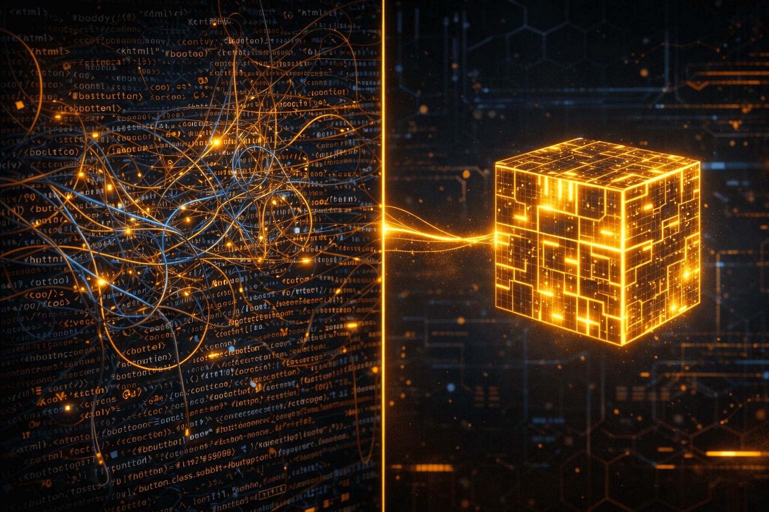 JSON-LD vs. Microdata: Das Ende des Code-Chaos Visueller Vergleich: Links verworrene Microdata im HTML-Code, rechts ein sauber isolierter, leuchtender JSON-LD Datenblock.