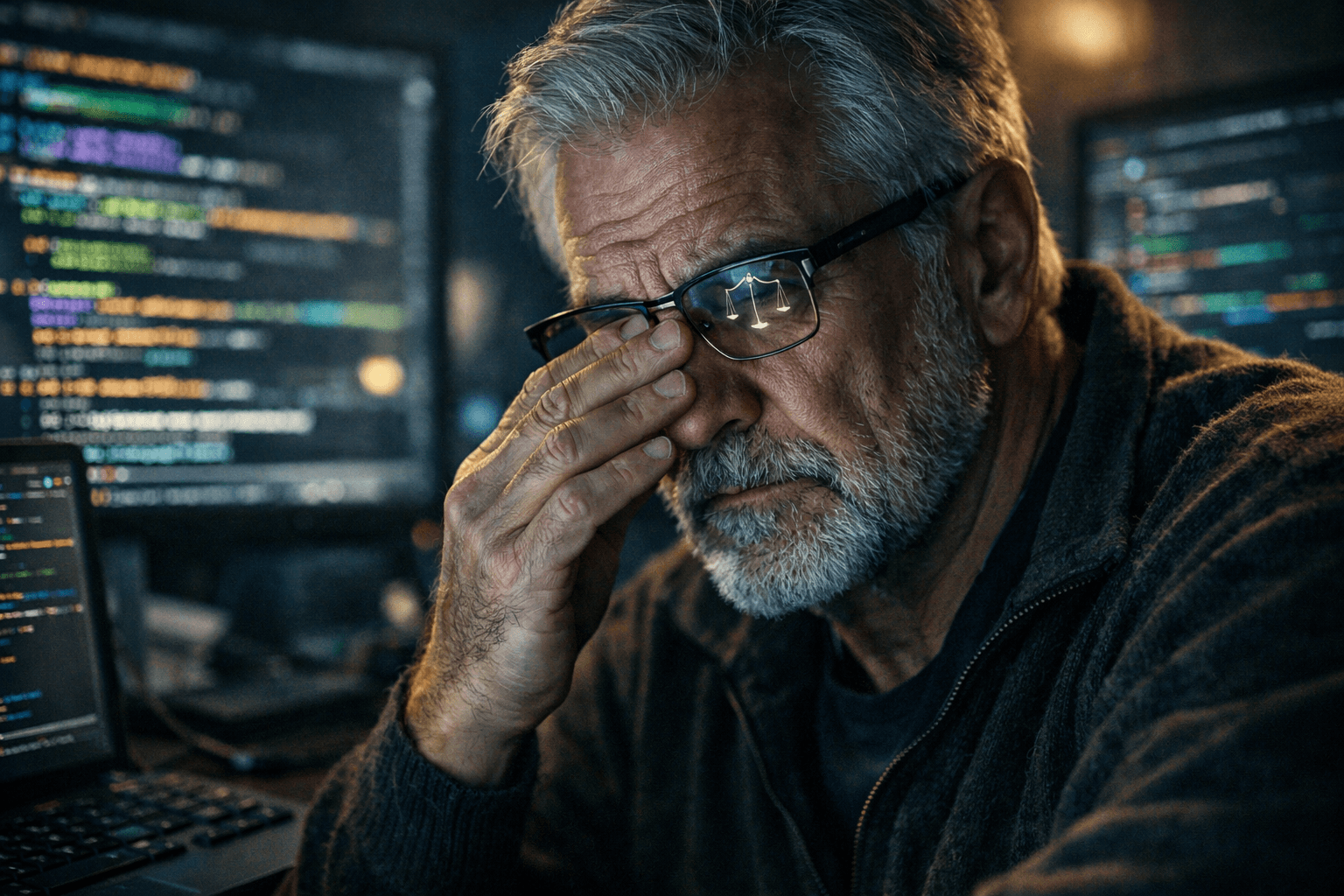 Die Last der Verantwortung: KI-Müdigkeit und rechtliche Haftung Ein erschöpfter Senior-Entwickler reibt sich die Augen vor Bildschirmen mit KI-Code, was die psychologische und rechtliche Belastung der neuen Prüf-Rolle zeigt.