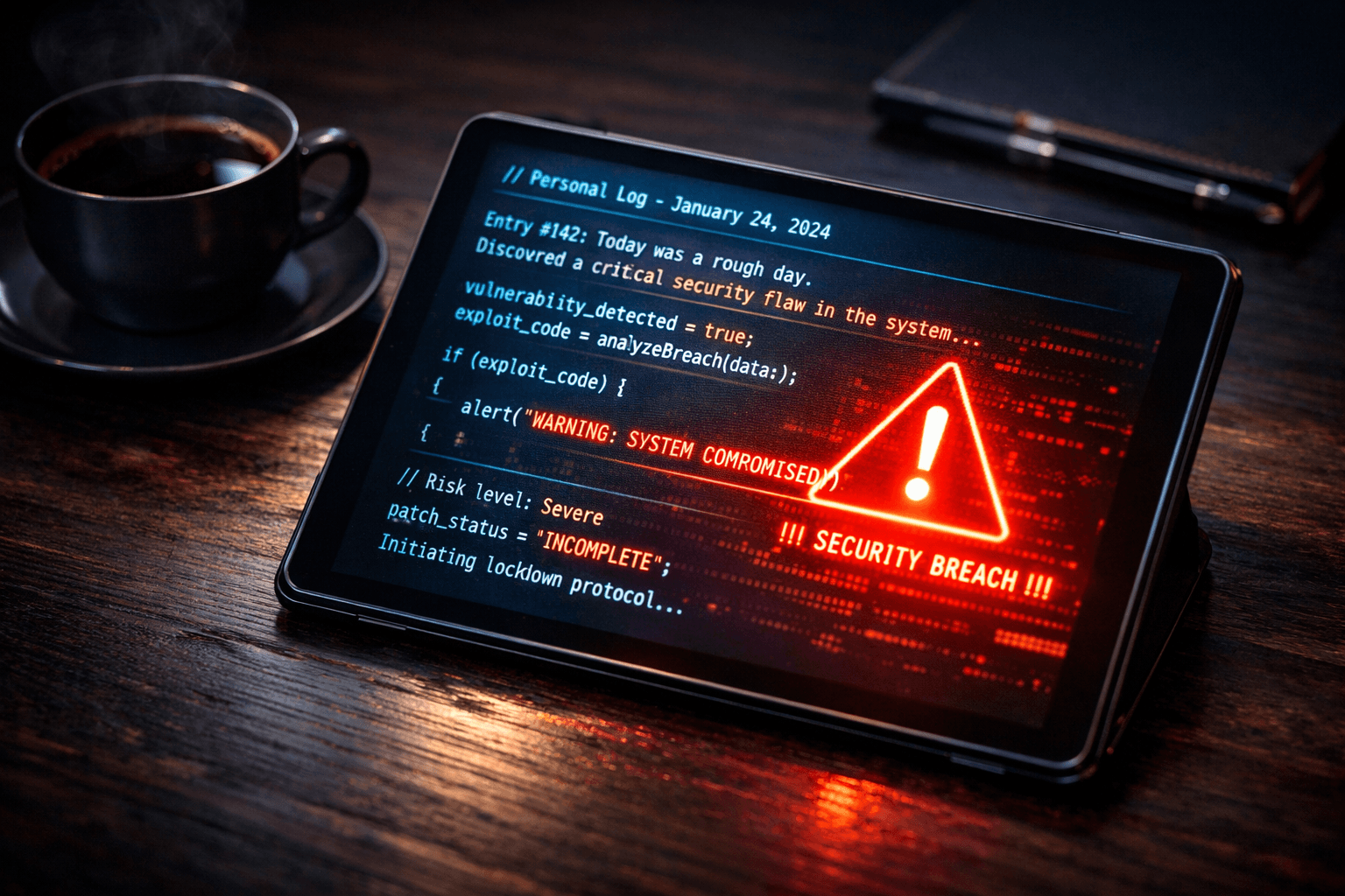 Tagebuch eines Entwicklers: KI-Code und unsichtbare Gefahren Ein digitales Entwickler-Tagebuch zeigt KI-generierten Code, der eine rot markierte Sicherheitslücke enthält.