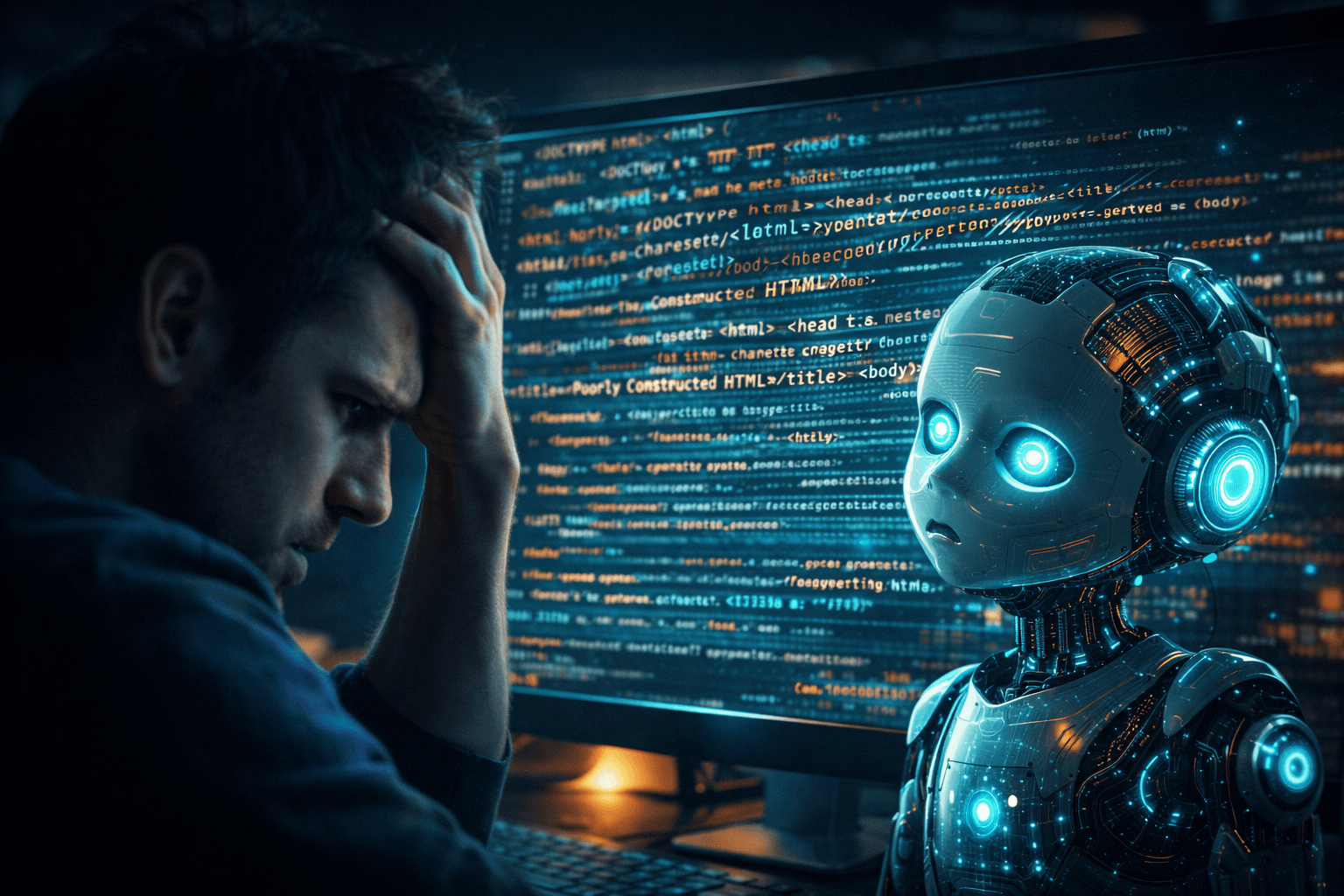 Das Problem unstrukturierter Daten Ein Entwickler und eine KI blicken verwirrt auf unstrukturierten HTML-Code, was die fehlende Semantik im Web darstellt.