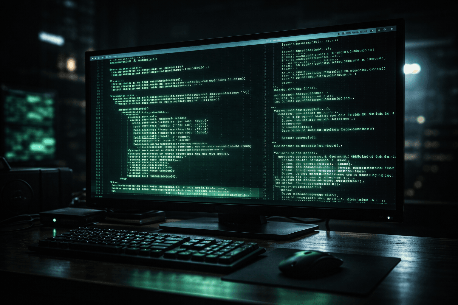Lokale Inferenz in Aktion: Die private KI antwortet in Echtzeit. Ein dunkler Computermonitor zeigt eine grün leuchtende Kommandozeile, in der blitzschnell Text von einem lokalen Sprachmodell generiert wird.