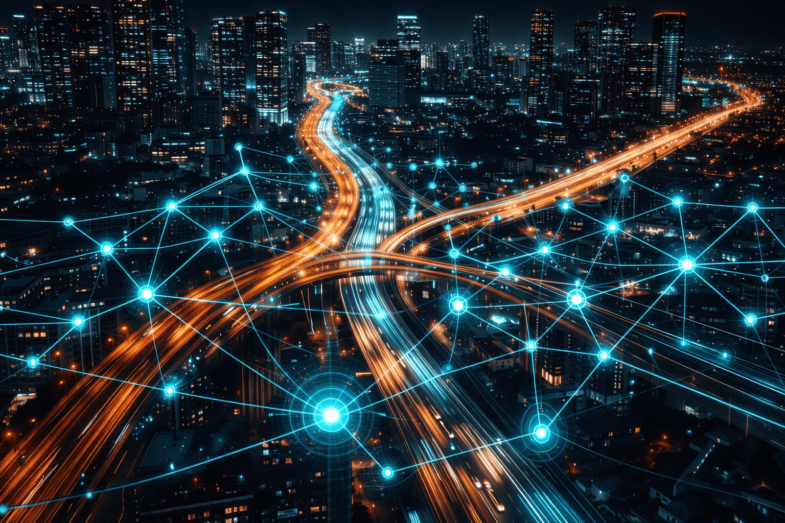 Quantenoptimierung im Verkehr: Die Stadt als vernetztes System. Eine futuristische Stadtansicht von oben bei Nacht. Die Straßen sind Adern aus Licht, die sich dynamisch verändern, um den Verkehrsfluss zu optimieren. Keine Staus sichtbar.
