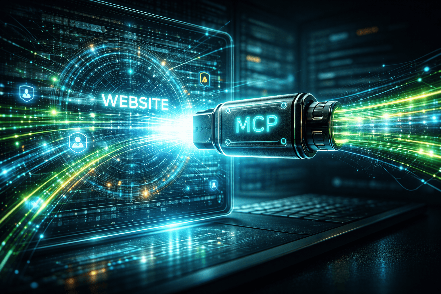 Model Context Protocol: Der USB-C Stecker für KI-Agenten Ein leuchtender, universeller MCP-Stecker verbindet eine KI nahtlos mit den Kern-Daten einer Webseite.