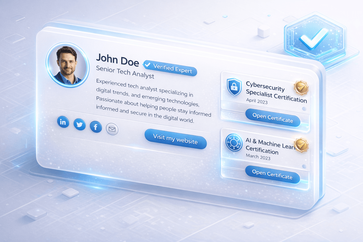 Das Gesicht hinter dem Content – Verifizierte Autorenschaft 2026. Beispiel einer modernen Autorenbox mit Trust-Signalen und Verifizierungs-Badges für E-E-A-T.