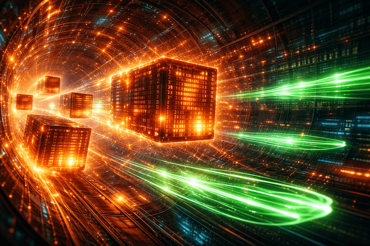 Der Energiefresser Netzwerk: Wie schwere Payloads die Infrastruktur belasten Ein leuchtender Datenstrom, in dem sich dicke, schwerfällige Datenblöcke durch ein Glasfasernetz quälen, während schlanke, optimierte Daten pfeilschnell vorbeifliegen.