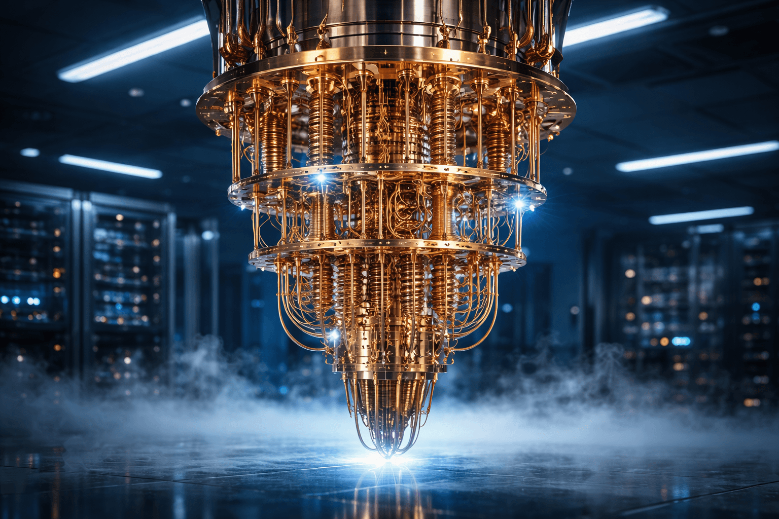 Das Herzstück der Kälte: Ein Blick in das Innere eines supraleitenden Quantencomputers. Ein offener Quantencomputer-Kryostat (oft "Kronleuchter" genannt) mit komplexer goldener Verkabelung und kupfernen Rohren, hängend in einem sterilen High-Tech-Labor.