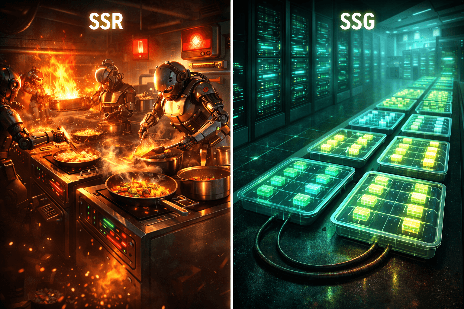 Dynamisches Rendering vs. Statische Generierung: Ein Effizienzvergleich Ein metaphorisches Split-Screen-Bild. Links kocht ein Roboter hektisch und unter enormem Energieaufwand für jede Anfrage einzeln (SSR), rechts bedienen sich leuchtende Datenpakete effizient an einem vorbereiteten statischen Buffet (SSG).