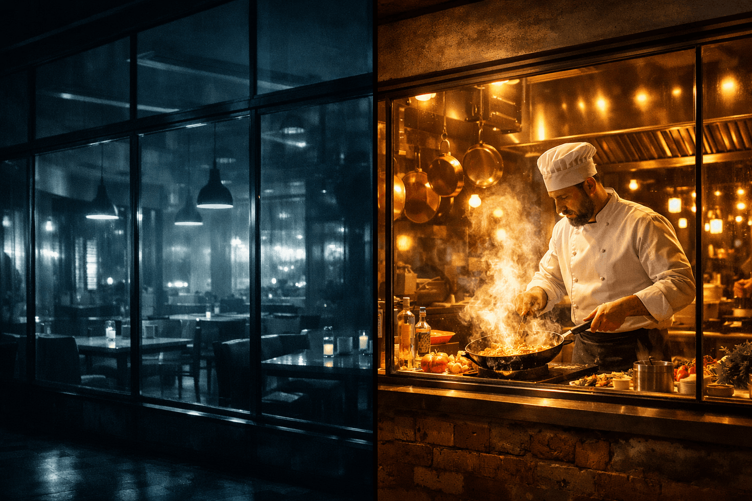 Vertrauen durch Transparenz – Die Chef's Kitchen Analogie. Analogie für digitale Körpersprache: Ein anonymes Gebäude im Vergleich zu einer offenen, einsehbaren Küche.