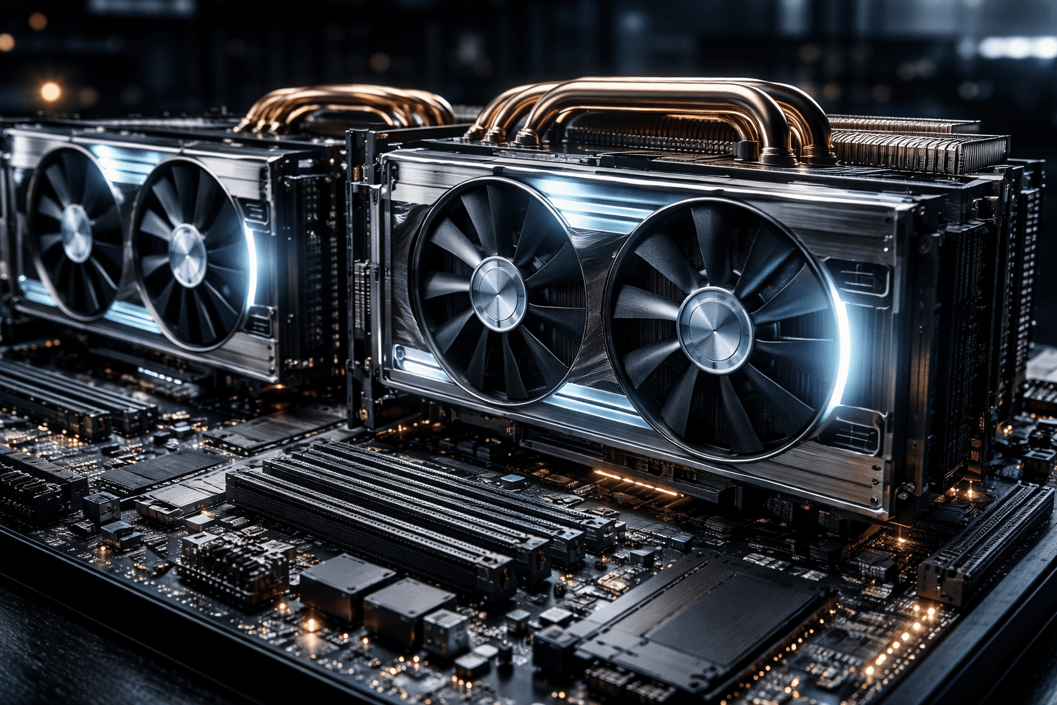 Multi-GPU Setups liefern den essenziellen VRAM für gigantische Modelle. Nahaufnahme von zwei massiven RTX 5090 Grafikkarten, die dicht nebeneinander auf einem professionellen Workstation-Mainboard installiert sind.