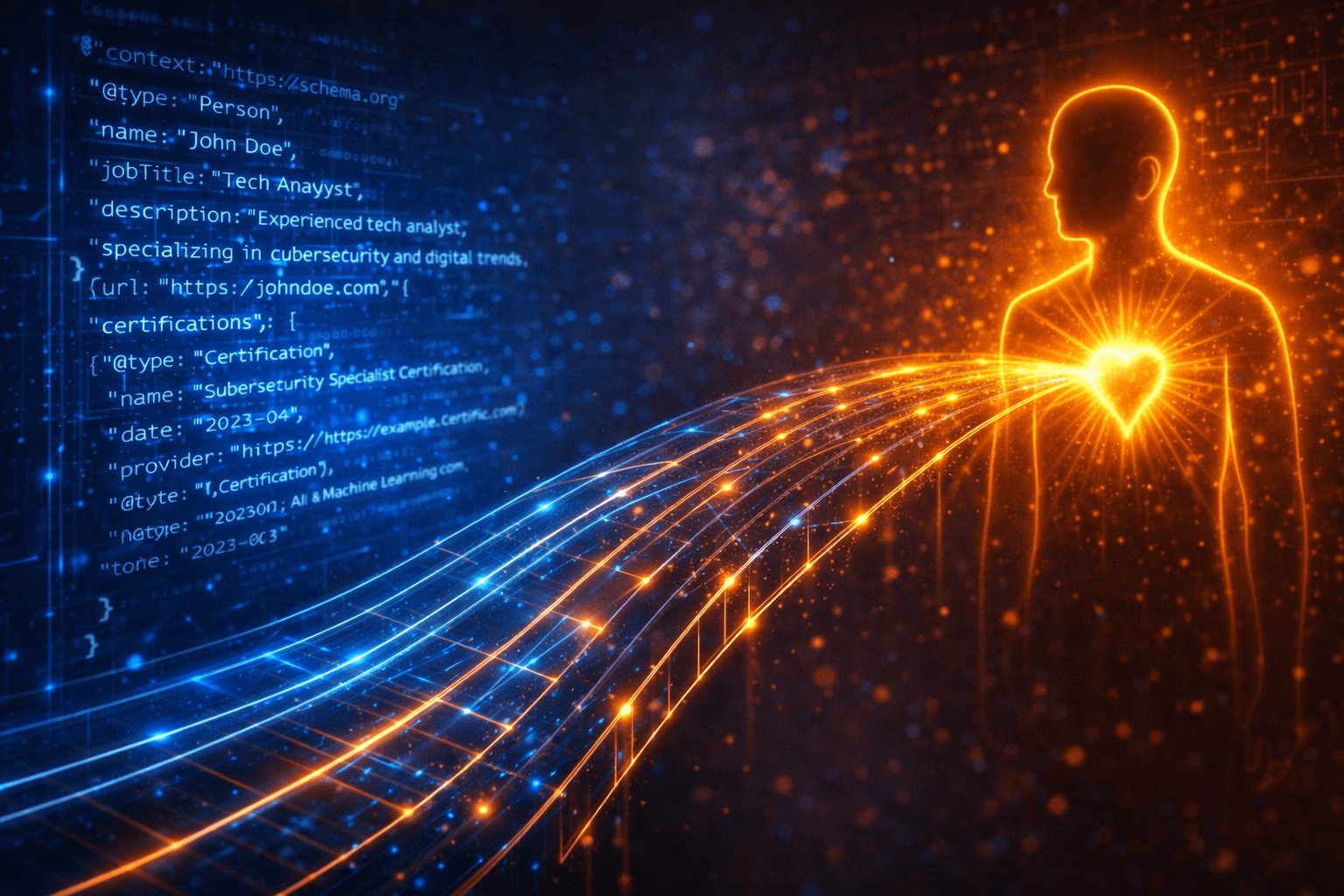 Die Übersetzung von Vertrauen in Maschinensprache. Visualisierung von Schema-Markup als Brücke zwischen technischem Code und menschlicher Expertise.