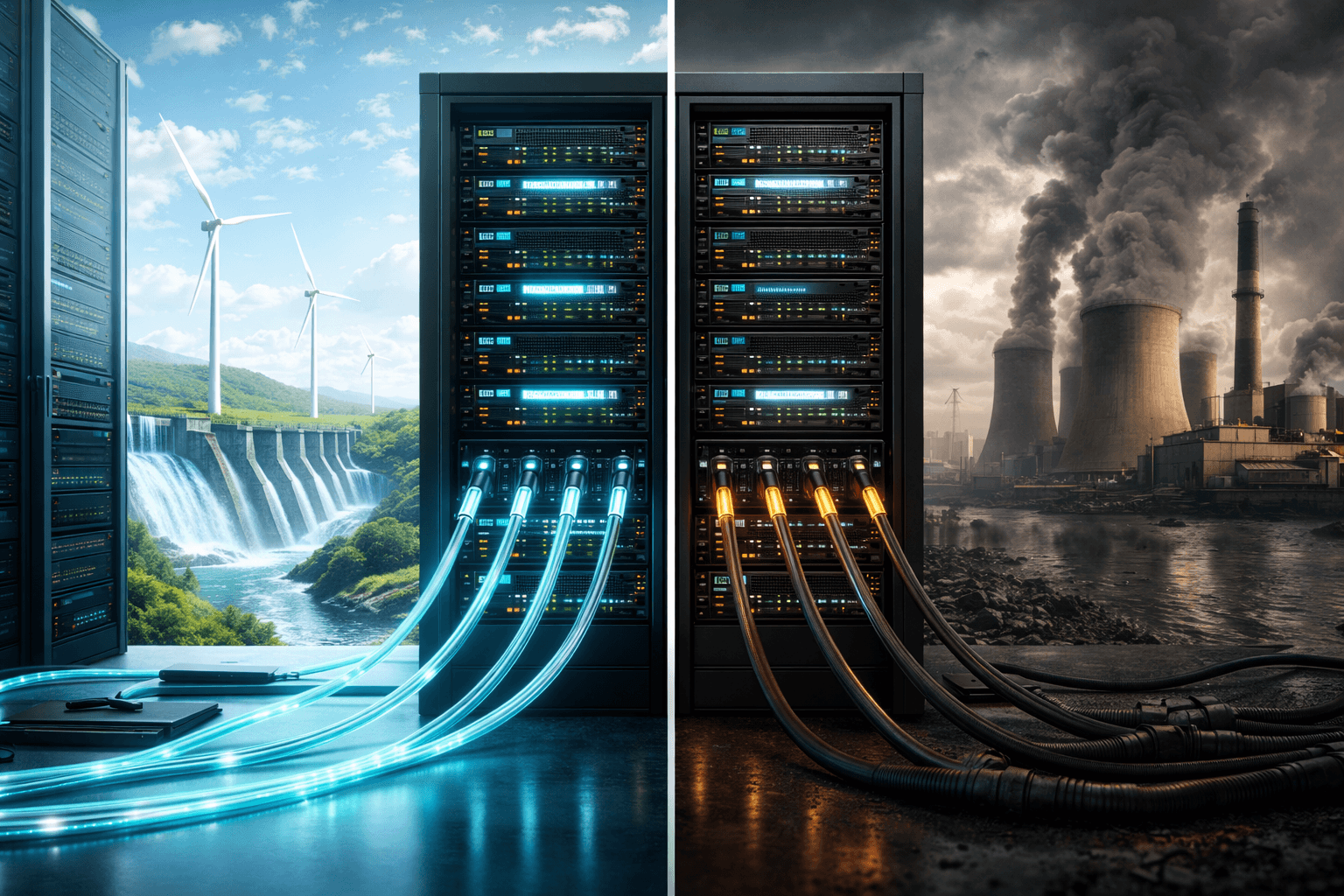 Die Wahl des Server-Standorts entscheidet über die Klimabilanz. Ein geteiltes Bild eines Rechenzentrums. Die linke Seite wird von sauberer Windkraft angetrieben, die rechte von einem schmutzigen Kohlekraftwerk.