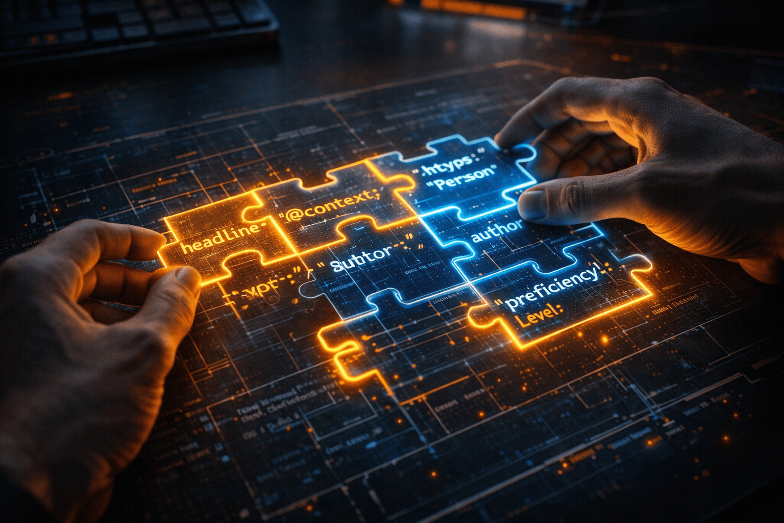 Der Bauplan: JSON-LD Puzzleteile zusammensetzen Ein Entwickler setzt leuchtende Code-Puzzleteile zusammen, um ein JSON-LD Schema für einen Tech-Artikel zu bauen.