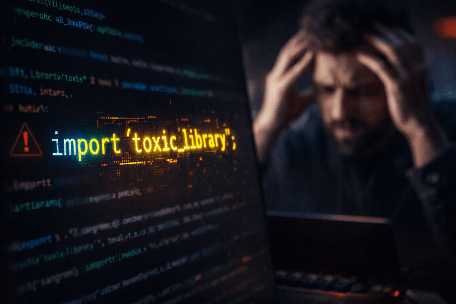 Die unsichtbare Gefahr: Wenn die KI Code-Bibliotheken erfindet Ein Code-Editor warnt vor einem fiktiven, von der KI erfundenen Software-Paket, während ein Entwickler im Hintergrund gestresst wirkt.
