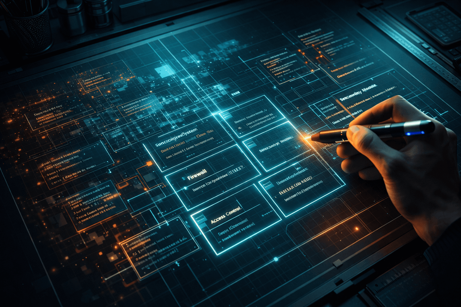 Vibe Engineering: Wenn Struktur das Chaos besiegt Ein holografischer Bauplan ordnet chaotische Code-Schnipsel in eine strukturierte Architektur, kontrolliert durch eine menschliche Hand.