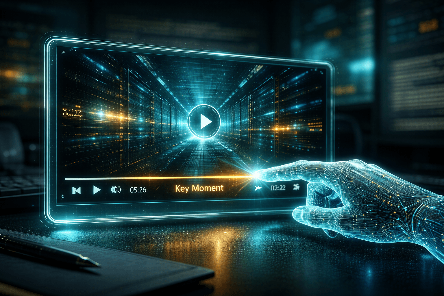 Eine künstliche Intelligenz wählt auf einer schwebenden Video-Timeline exakt einen "Key Moment" (Schlüsselmoment) aus. Eine künstliche Intelligenz wählt auf einer schwebenden Video-Timeline exakt einen "Key Moment" (Schlüsselmoment) aus.