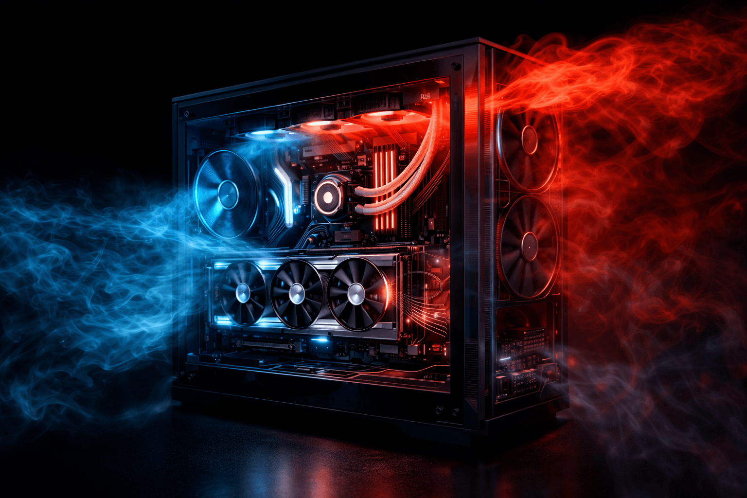 Den 575-Watt-Drachen zähmen: Gezielter Airflow ist überlebenswichtig. Ein offenes PC-Gehäuse, bei dem die Luftströme der Kühlung durch feinen, farbigen Nebel sichtbar gemacht werden, um die Hitzeableitung zu zeigen.