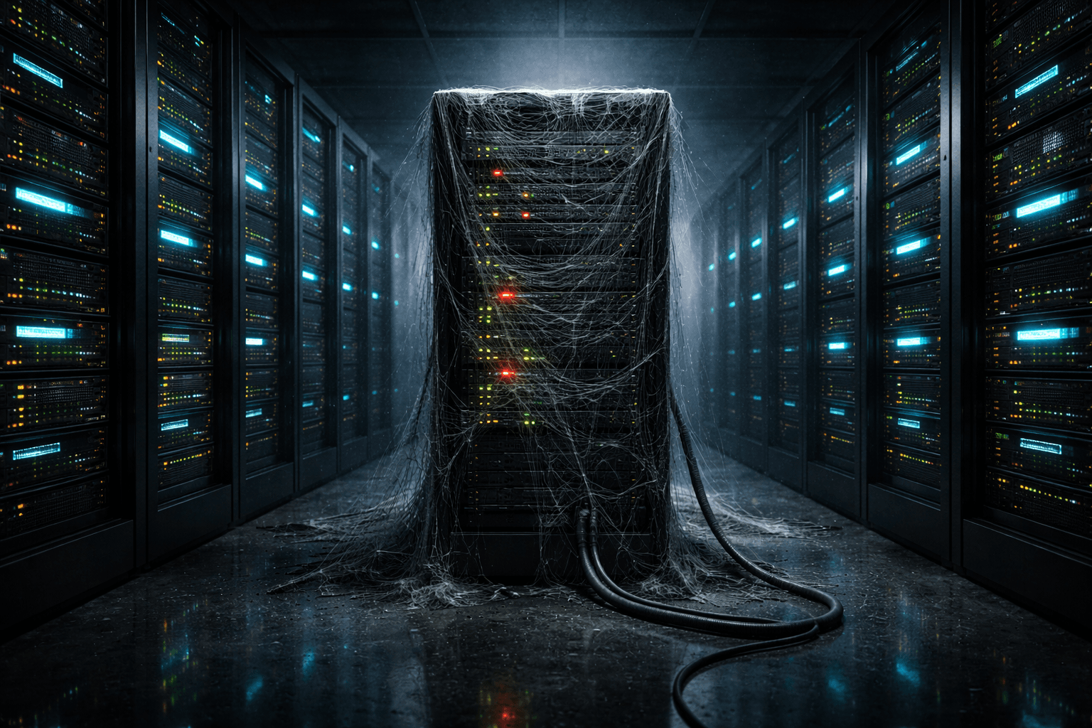 Die heimlichen Stromfresser: Zombie-Server im Data Center Ein einzelner, verstaubter und mit Spinnweben bedeckter Server in einem ansonsten hochmodernen Rechenzentrum, dessen Kontrollleuchten unheilvoll leuchten.