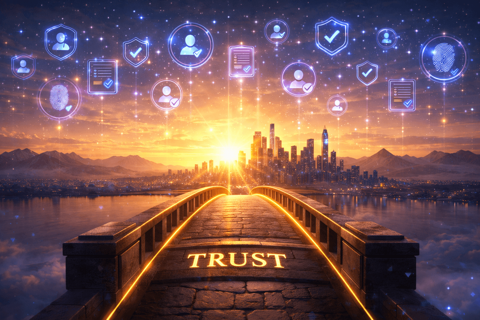 Der Weg zu E-E-A-T: Vertrauen als Fundament für 2027. Symbolische Darstellung der Zukunft des digitalen Vertrauens als solide Brücke in einer KI-dominierten Welt.